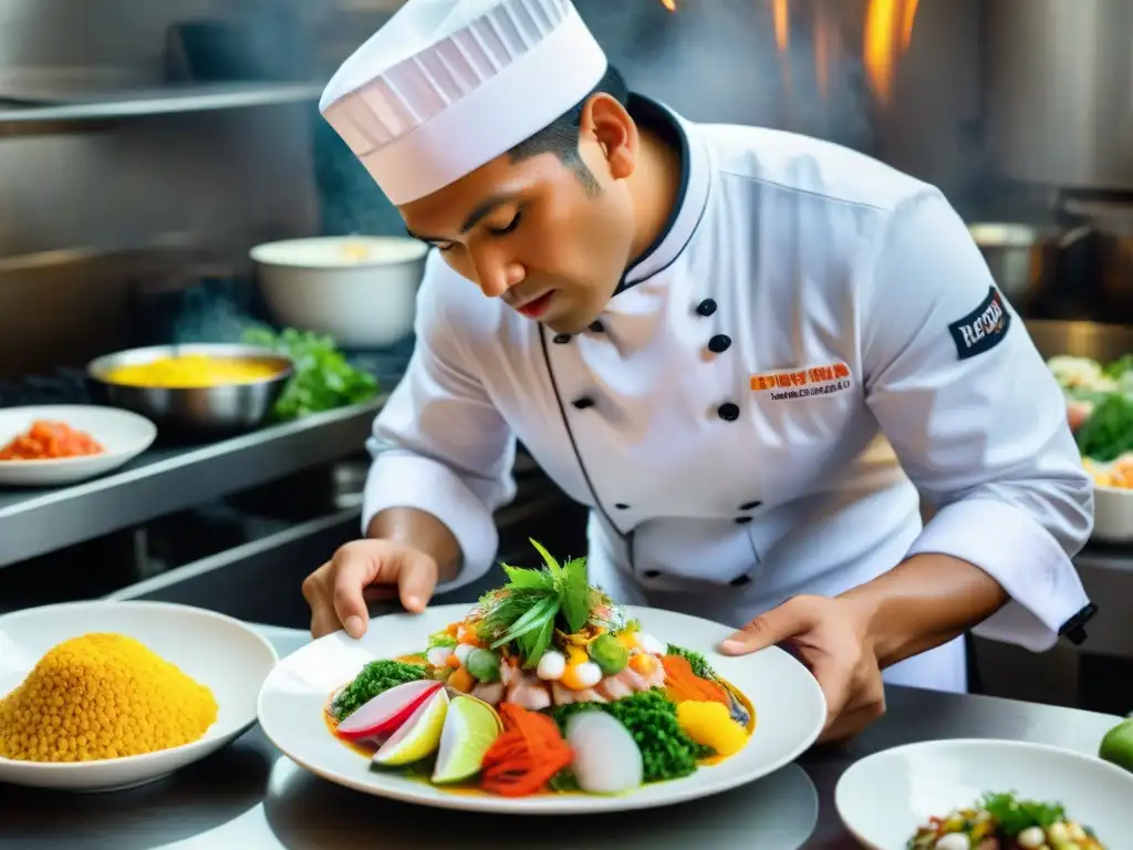 Un chef prepara un ceviche peruano tradicional con maestría en una bulliciosa cocina, fusionando ingredientes frescos con arte gastronómico