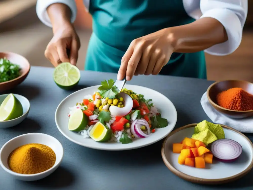 Un chef prepara ceviche peruano tradicional en una bulliciosa cocina, fusionando ingredientes frescos