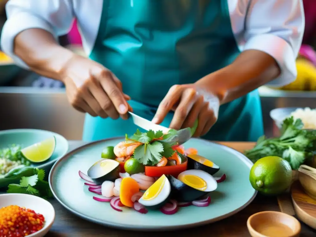 Un chef prepara ceviche peruano tradicional con detalle en un mercado animado