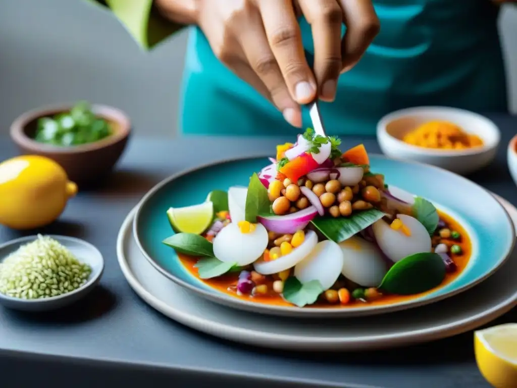 Chef preparando Ceviche de Tarwi receta peruana con fusion de tradición e innovación en cocina moderna