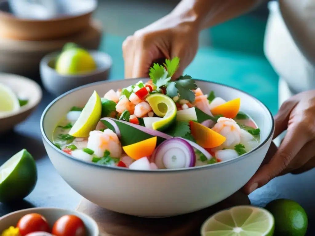 Chef preparando ceviche tradicional peruano en cocina vibrante