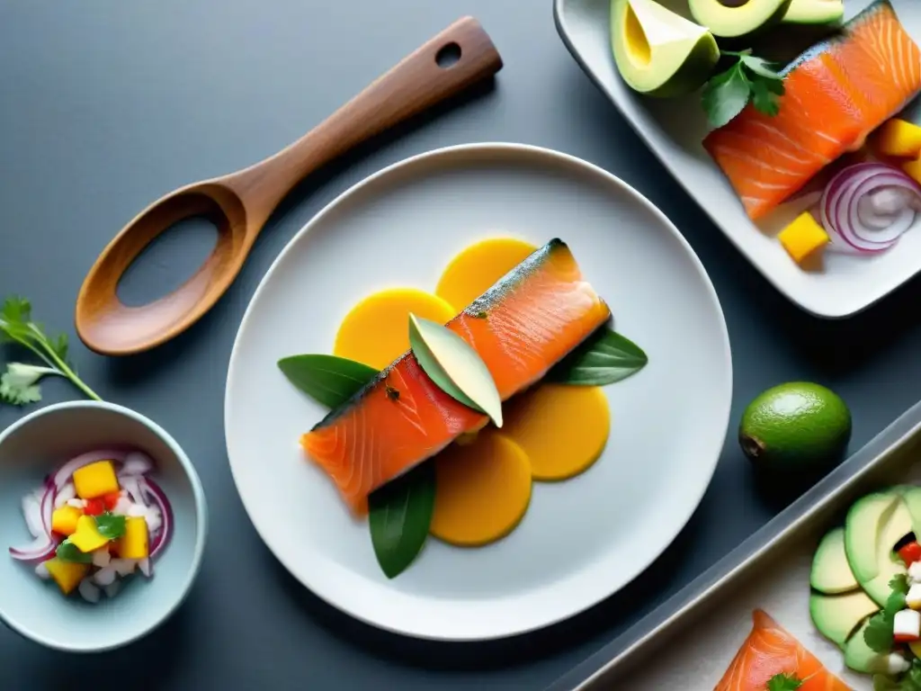 Un chef preparando ceviche de trucha andina con ingredientes innovadores en cocina profesional