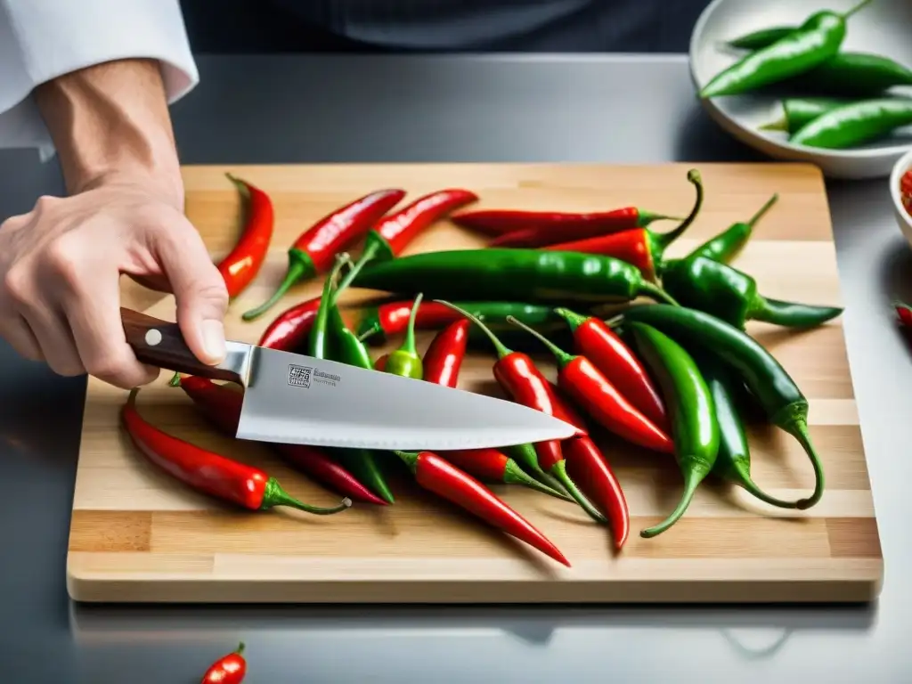 Un chef cortando chiles con precisión en una tabla de corte profesional