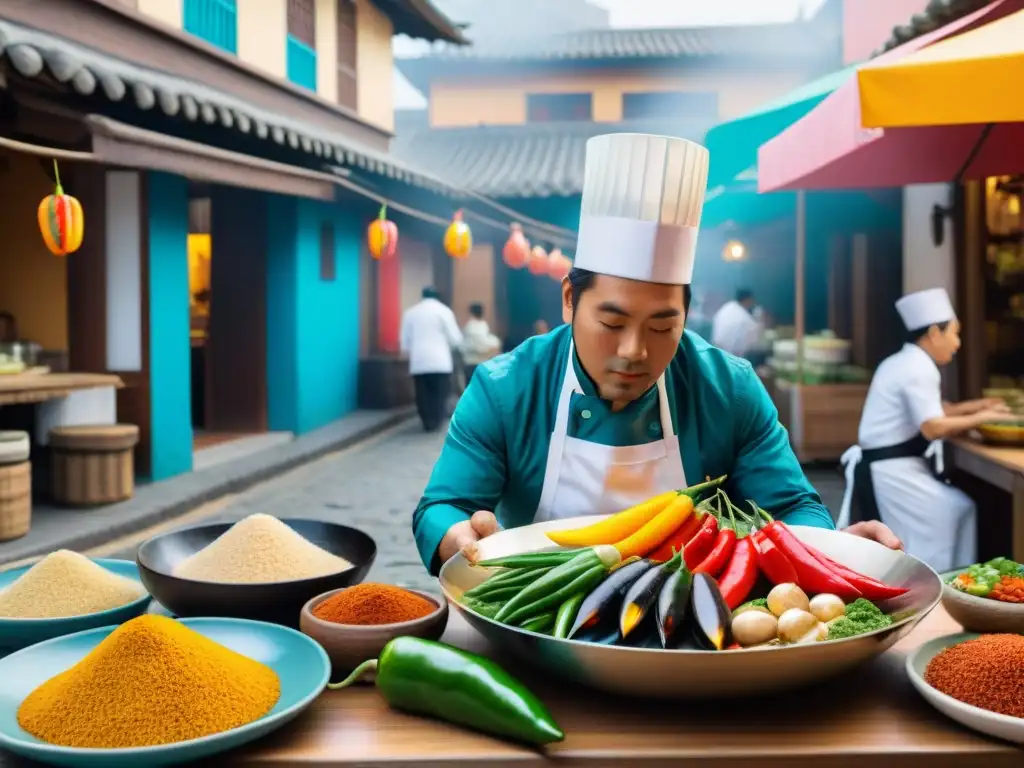 Un chef preparando cocina nikkei en un bullicioso mercado de Lima, Perú, fusionando la tradición peruana y japonesa