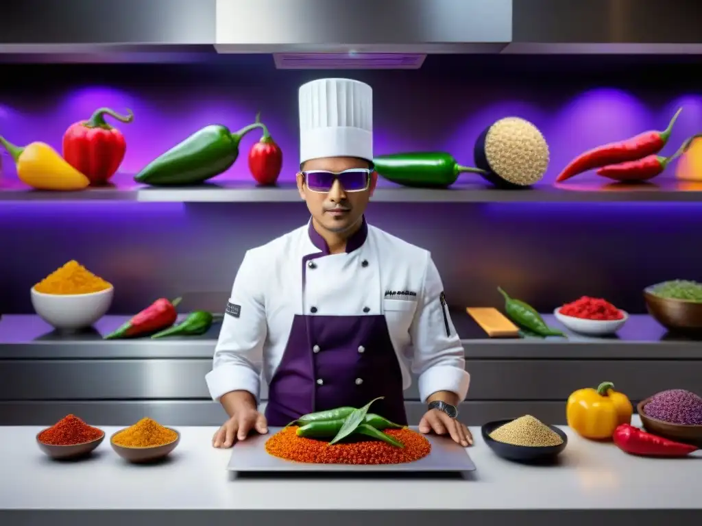 Chef en cocina futurista, con realidad aumentada y ingredientes peruanos