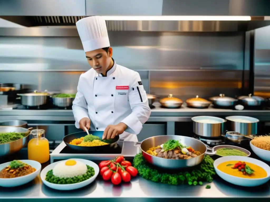 Un chef en una cocina inteligente preparando plato peruano, fusionando tradición e innovación