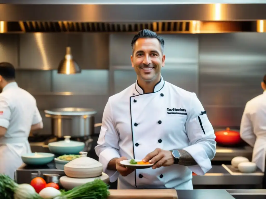 Chef Rafael Osterling lidera en su cocina llena de energía, junto a su equipo diverso, preparando platos peruanos e internacionales