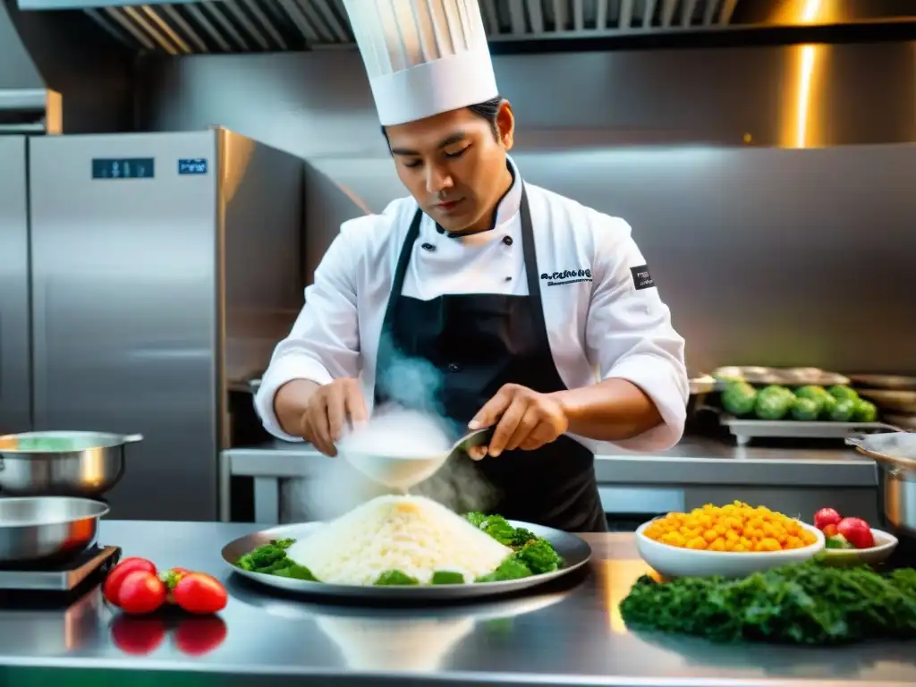 Un chef en una cocina moderna en Perú, experto utilizando nitrógeno líquido para congelar ingredientes