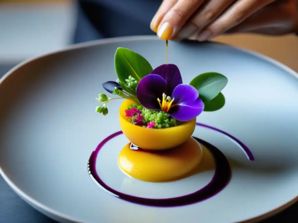 Un chef en una cocina moderna en Perú preparando un puré gourmet de papas peruano con flores comestibles y salsa huacatay