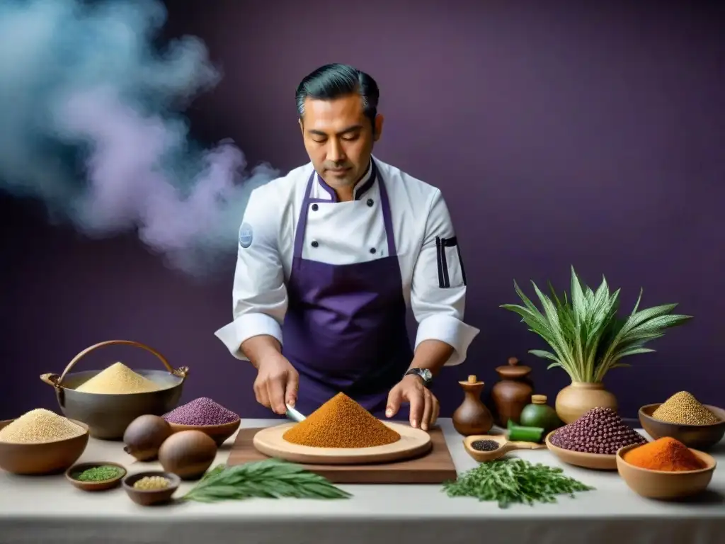 Cocina Novandina: fusión ancestral y moderna Un chef hábil en una cocina moderna fusiona ingredientes autóctonos en la cocina novandina, destacando la armonía entre tradición y modernidad