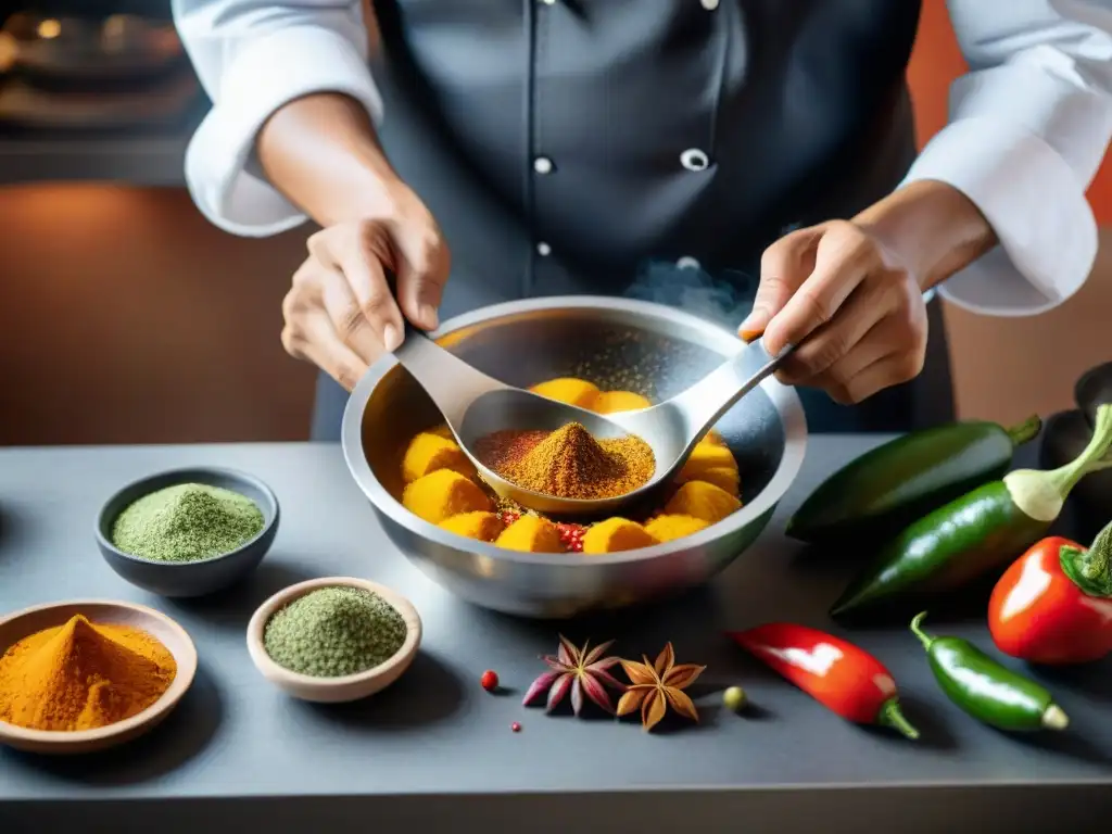 Chef peruano innovando: creación de salsa única con aji amarillo y rocoto Un chef en una cocina moderna en Perú mezclando ingredientes vibrantes para crear salsas peruanas innovadoras