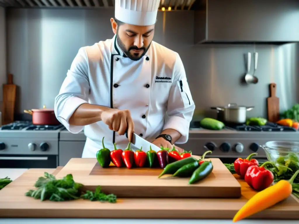 Chef peruano fusionando molle en cocina moderna Un chef en cocina moderna de Perú incorpora molle en su plato, fusionando ingredientes ancestrales con técnicas actuales