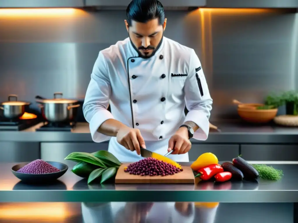 Un chef en cocina moderna de Perú prepara plato tradicional con sous vide