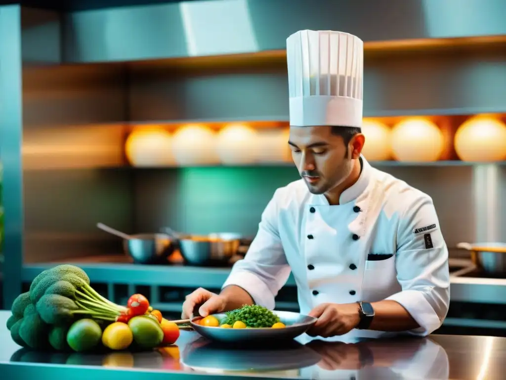 Chef en cocina moderna de Restaurante Amaz en Lima, cocinando plato inspirado en la Amazonía