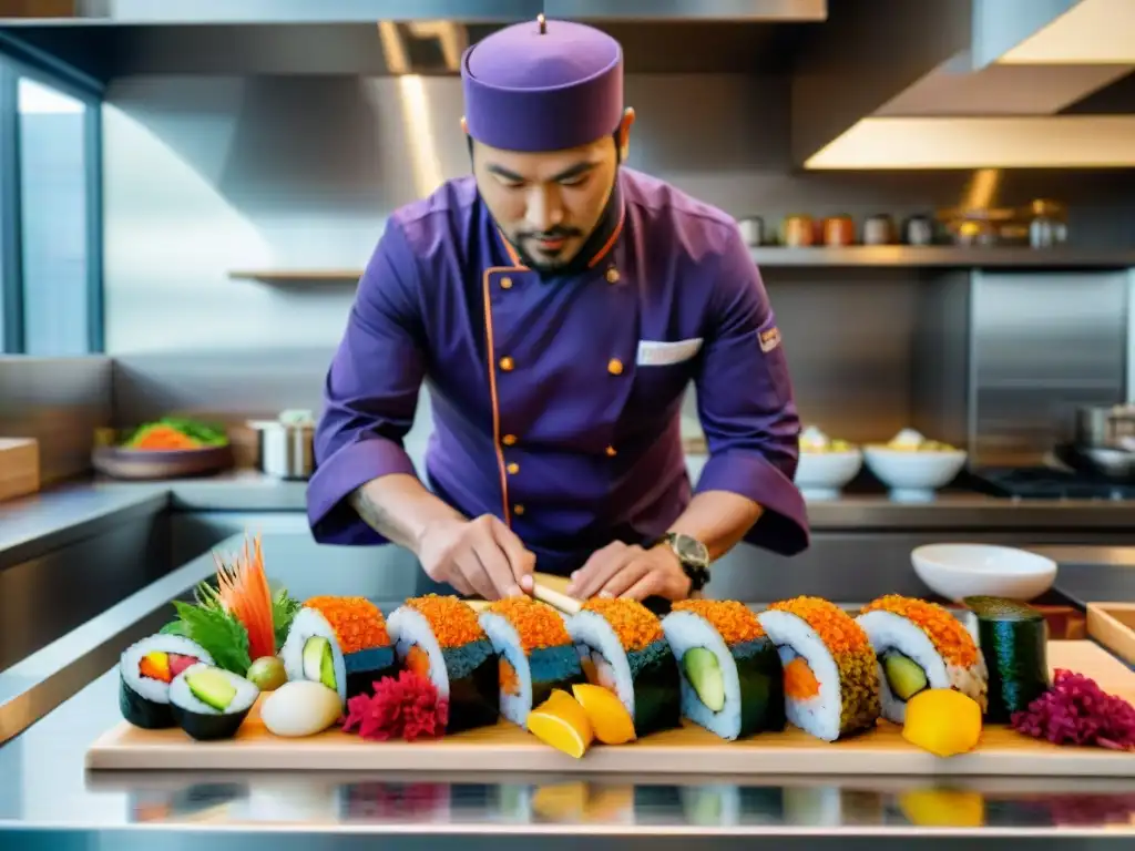 Un chef fusiona la cocina peruana y japonesa en un vibrante taller culinario con ingredientes exóticos y coloridos