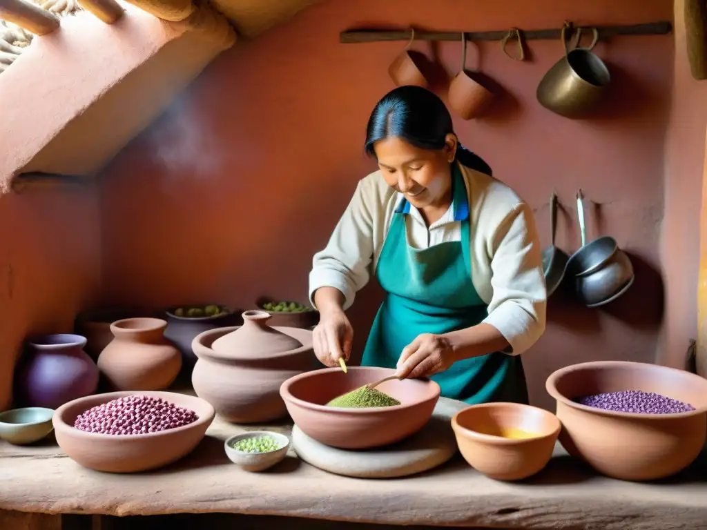 Un chef en una cocina peruana de la sierra preparando un guiso tradicional rodeado de ingredientes frescos y coloridos