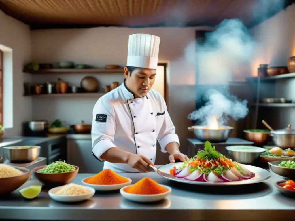 Un chef en cocina peruana con innovación tecnológica preparando ceviche