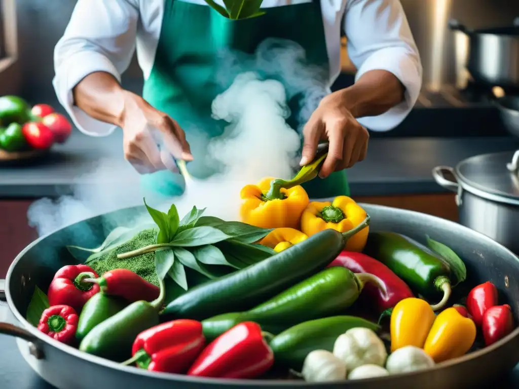 Un chef prepara Juane en cocina peruana tradicional con ingredientes vibrantes