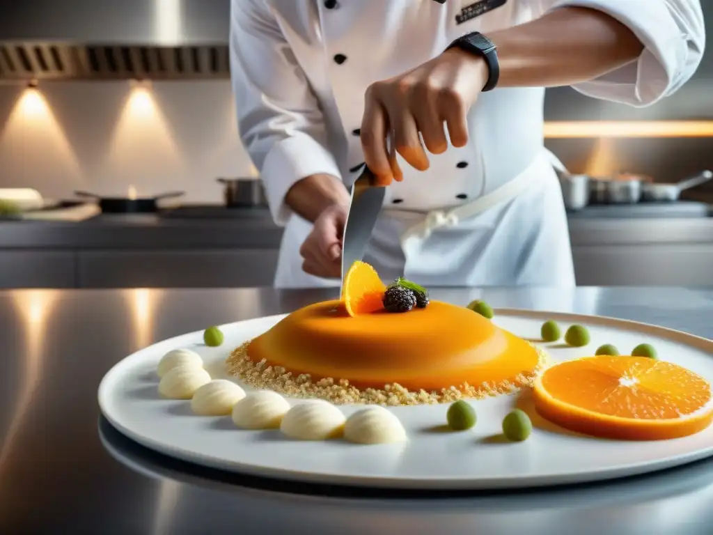 Un chef hábil fusiona lúcuma en cocina fusión, creando un postre visualmente impresionante