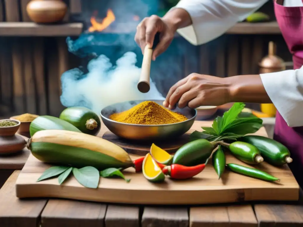 Chef en cocina selva peruana preparando plato con ingredientes autóctonos: plátanos, yuca y ajíes, entre especias locales