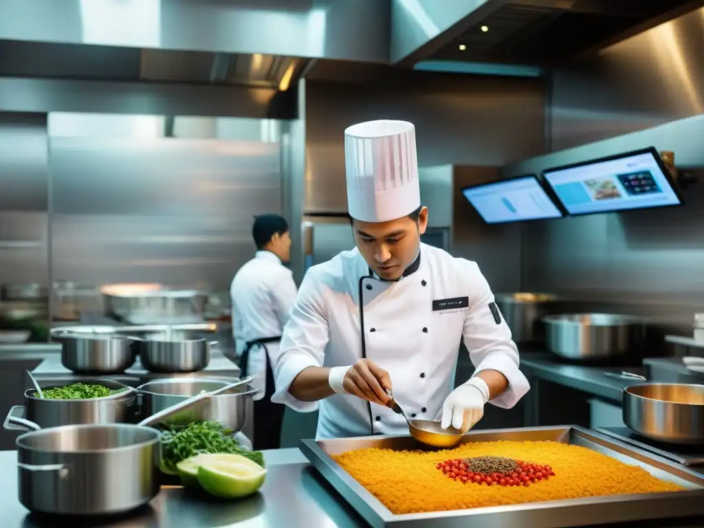 Chef en cocina limeña con tecnología de vanguardia preparando platos peruanos innovadores