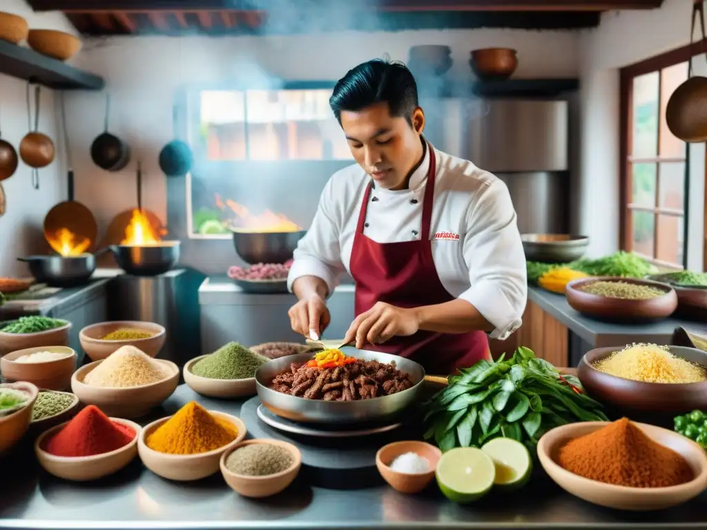 Un chef cortando lomo de alpaca en una cocina tradicional peruana, rodeado de especias, verduras frescas y utensilios de cocina