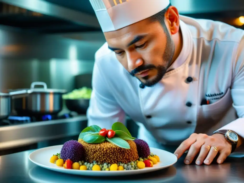Chef Jaime Pesaque: Creación culinaria peruana de vanguardia Chef Jaime Pesaque en cocina de vanguardia peruana preparando un plato colorido y detallado con ingredientes tradicionales