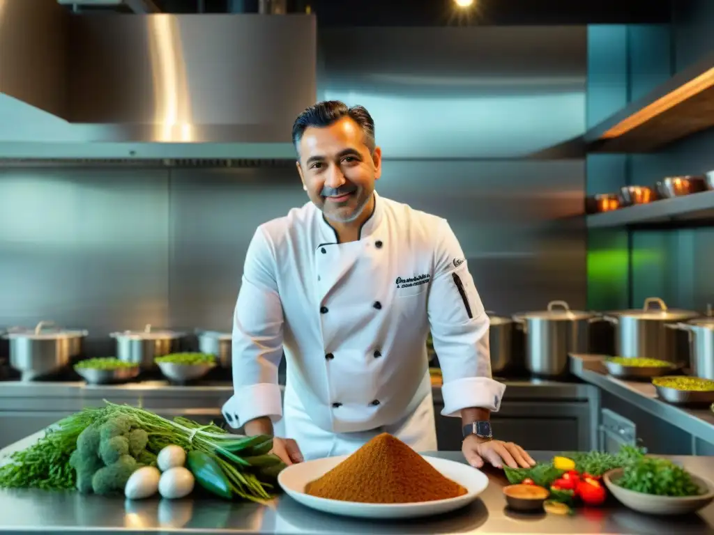 Chef Edgar Núñez en cocina de vanguardia en Perú, creando platos innovadores con precisión y pasión