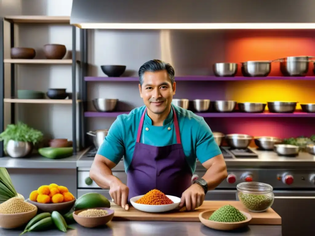 Chef Roberto Sihuay: Maestría vegana en cocina peruana Chef de cocina vegana peruana preparando plato tradicional con ingredientes coloridos en cocina vibrante