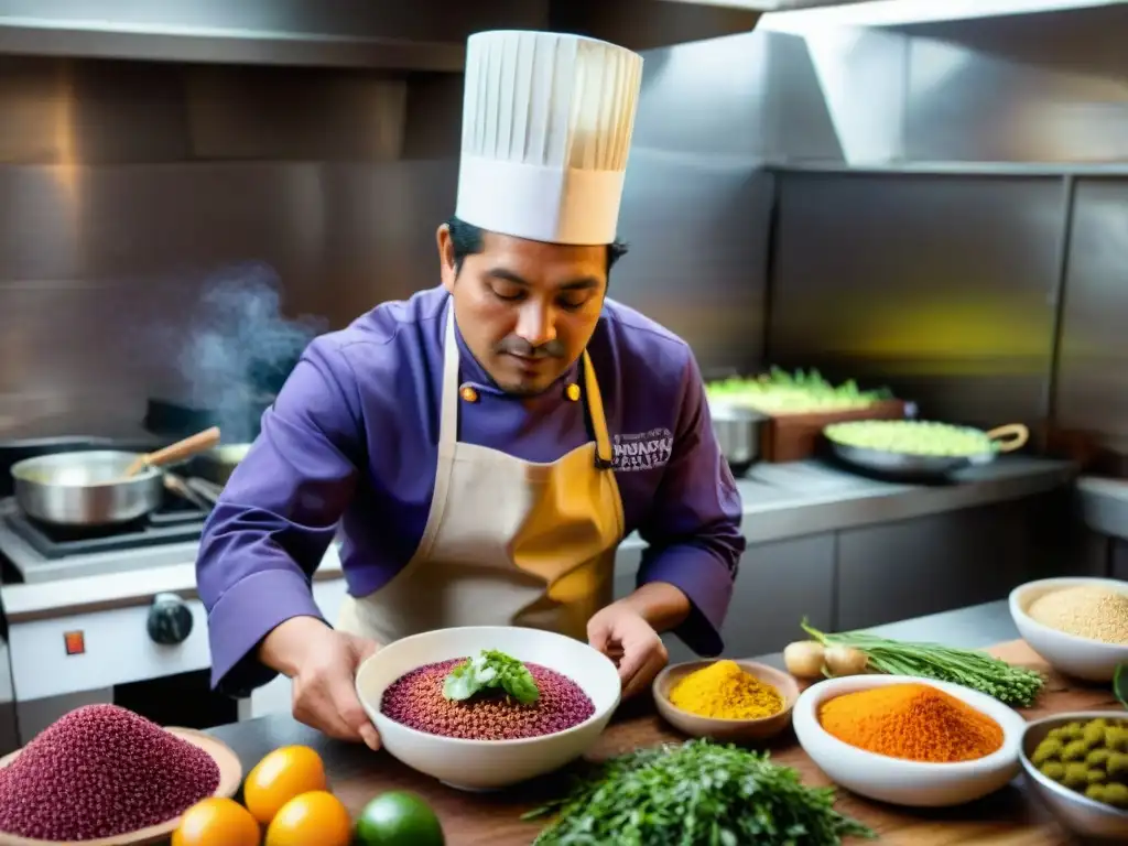 Chef peruano preparando plato vegano innovador con ingredientes locales Chef de cocina vegana peruana preparando plato tradicional con productos locales vibrantes en cocina bulliciosa