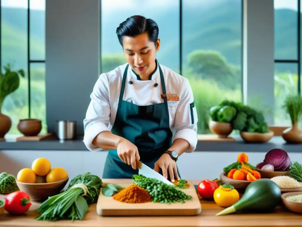 Chef Sihuay preparando delicias veganas en taller culinario Chef de cocina vegana peruana preparando platos coloridos con destreza en taller culinario