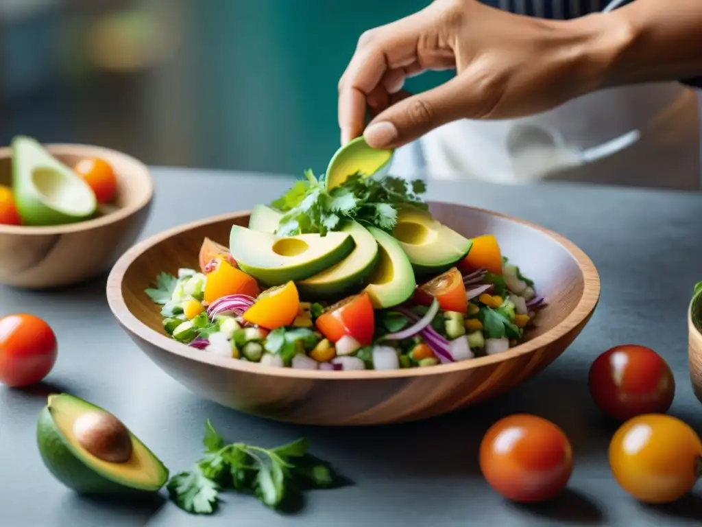 Chef vegano peruano preparando ceviche vegano con maestría en Lima Chef de cocina vegana peruana preparando ceviche vegano con ingredientes frescos en mercado de Lima