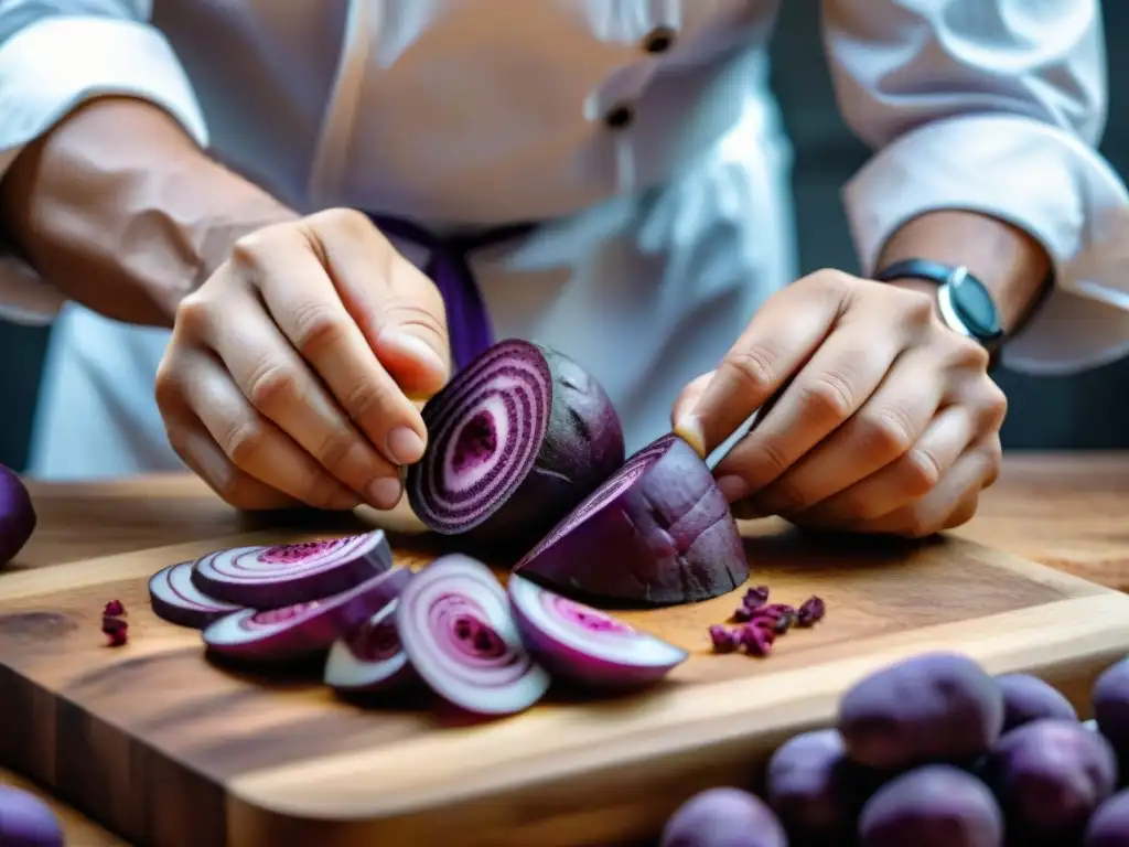 Maestría culinaria: Chef Sihuay corta papas moradas peruanas con precisión Chef de cocina vegana peruana cortando papas moradas con destreza y precisión, reflejando la artesanía culinaria