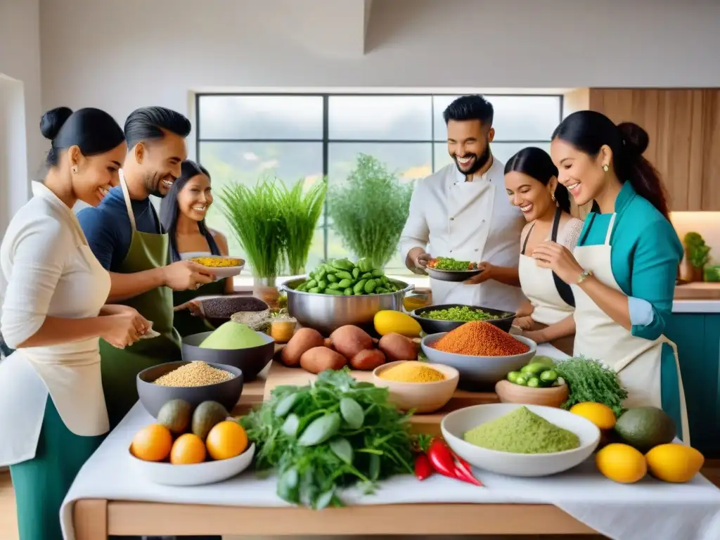 Cocina vegana peruana: demostración en grupo Un chef de cocina vegana peruana enseña platos con ingredientes coloridos a un grupo diverso en una cocina luminosa y acogedora