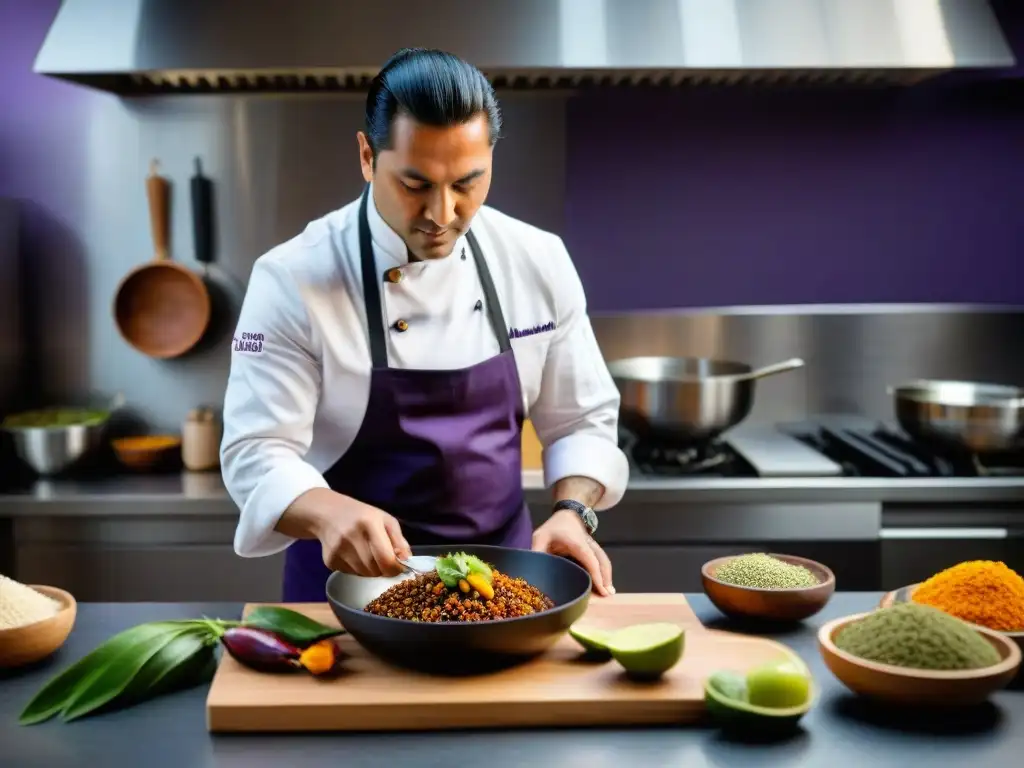 Chef Roberto Sihuay prepara plato vegano peruano en cocina innovadora Chef de cocina vegana peruana preparando plato tradicional con ingredientes vibrantes en cocina moderna