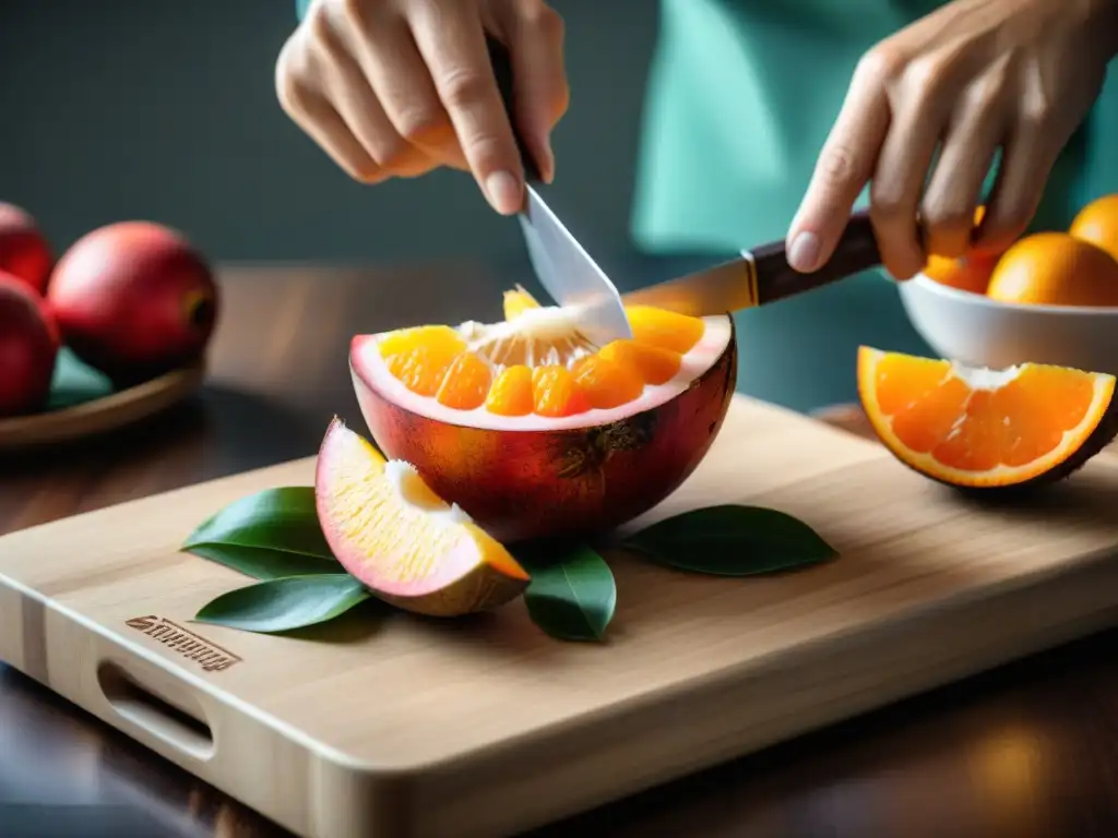 Chef cortando una cocona madura en tabla de madera