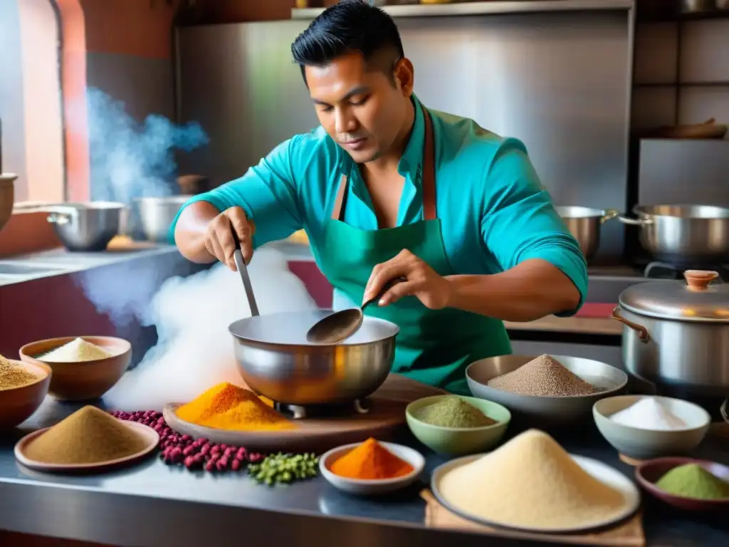 Un chef prepara frejol colado en una cocina peruana tradicional con ingredientes coloridos