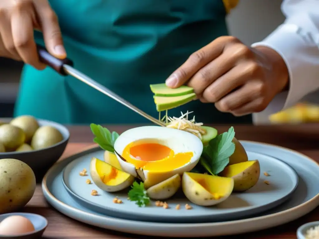 Un chef crea una colorida Causa Rellena con papa peruana y rellenos vibrantes