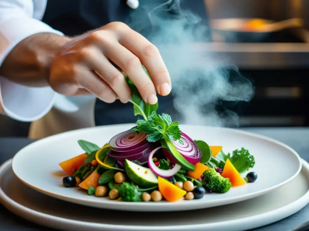 Un chef prepara una colorida ensalada con tarwi, fusionando tradición e innovación en la cocina contemporánea