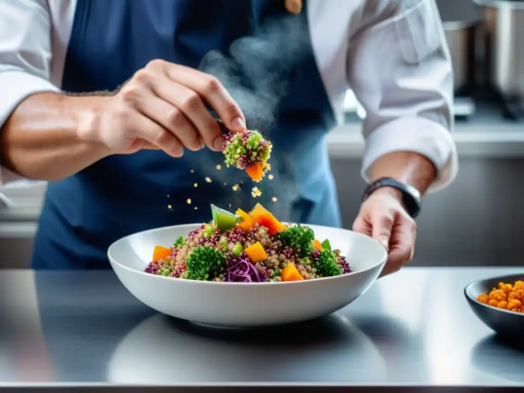 Un chef preparando una colorida ensalada de quinua en una cocina moderna, capturando la esencia de la quinua en la cocina contemporánea