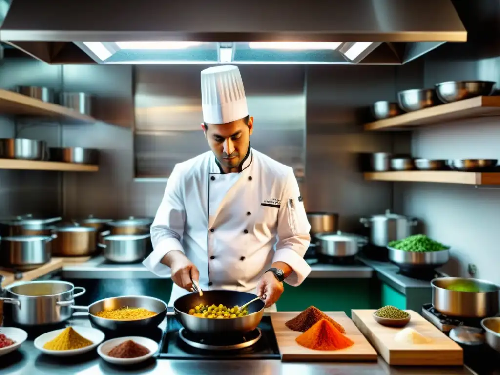 Un chef concentrado en una cocina limeña, rodeado de ingredientes vibrantes y ollas humeantes, preparando con precisión