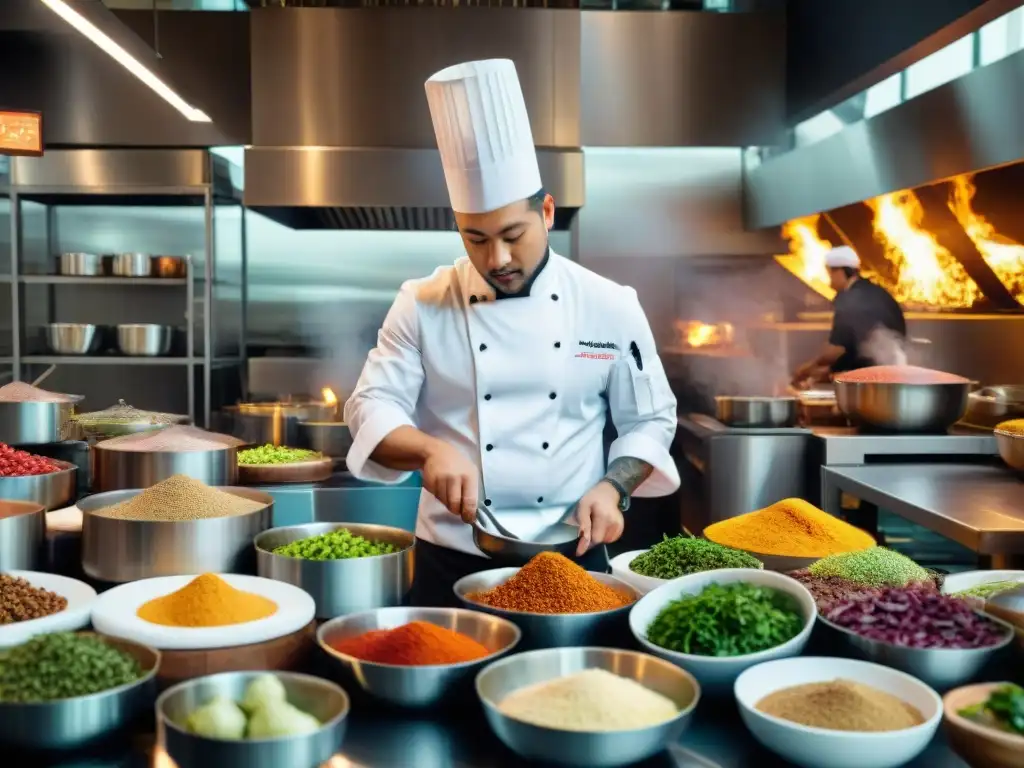 Chef concentrado en plato gourmet, entre caos armónico de cocina