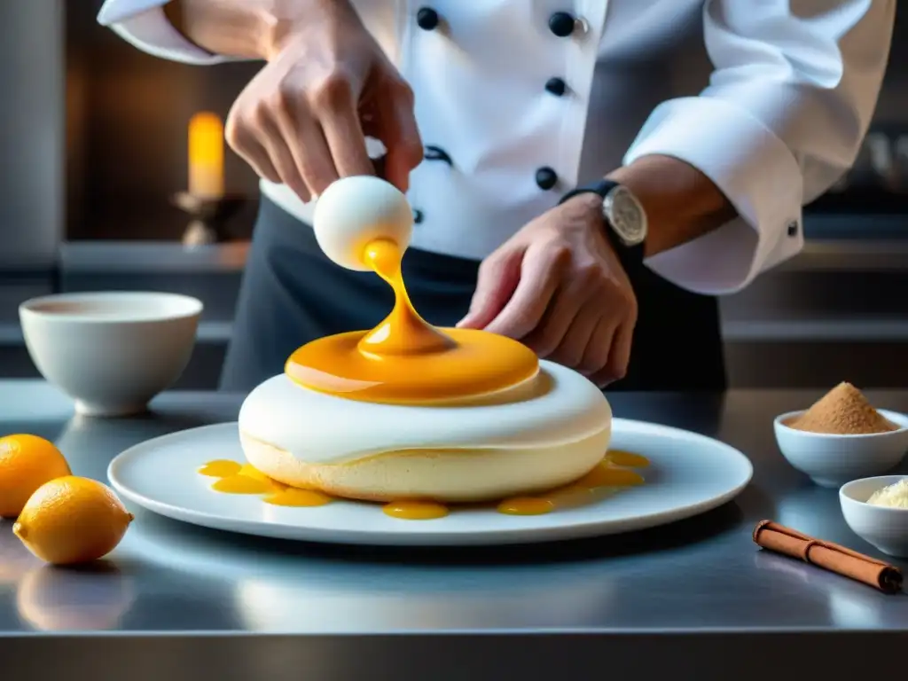 Un chef contemporáneo experto elaborando un suspiro limeño, fusionando tradición e innovación