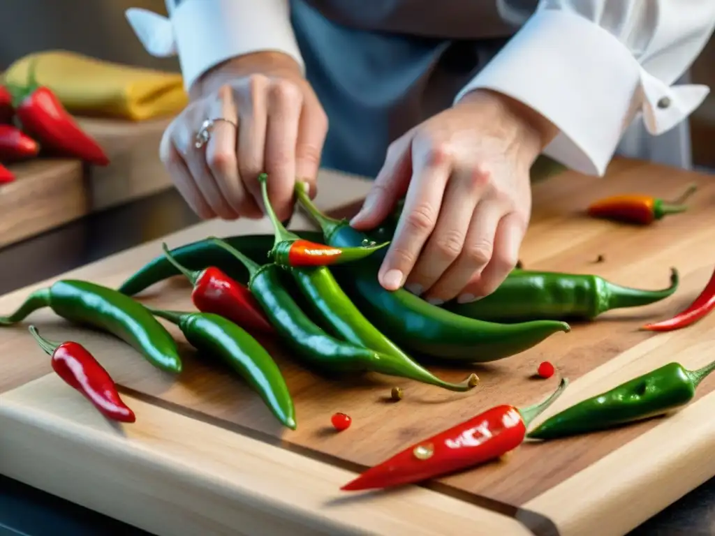 Un chef corta ajíes rojos y verdes con precisión en una tabla de madera, resaltando la importancia del ají en fusiones