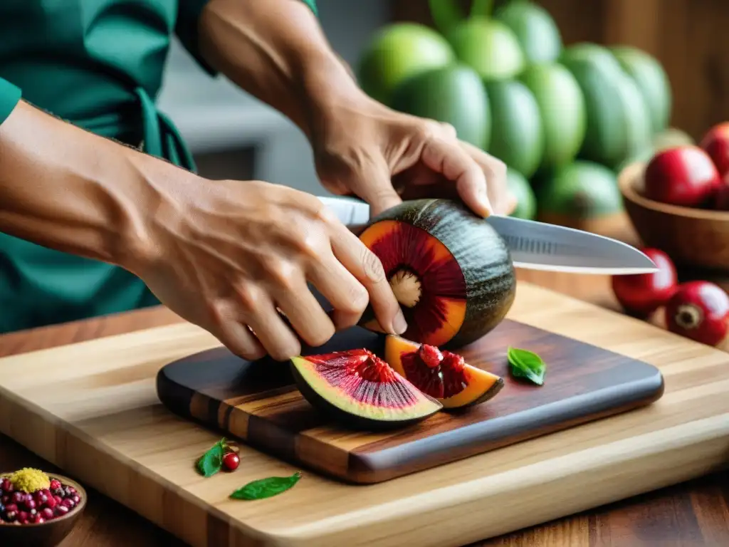 Un chef corta con destreza una cocona amazónica madura sobre tabla de madera