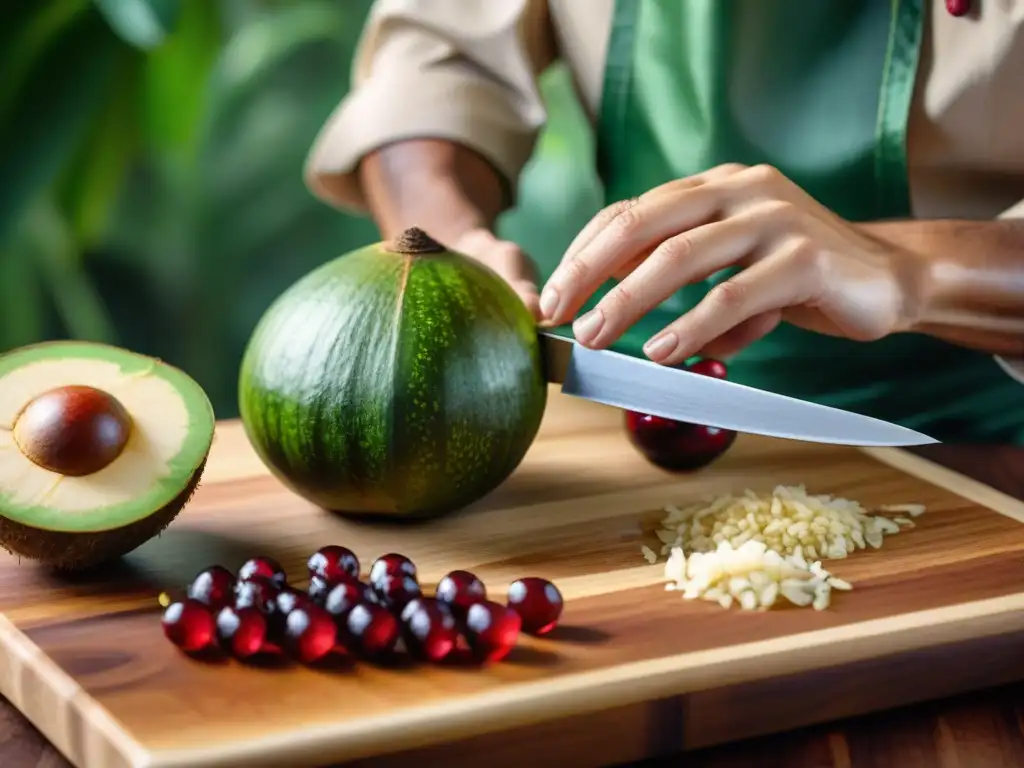 Un chef corta con destreza una cocona madura sobre tabla de madera