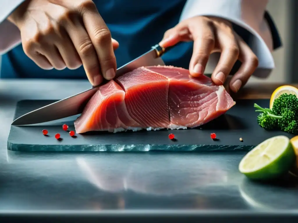 Un chef en Lima corta con destreza un fresco atún de grado sashimi, resaltando la cocina nikkei