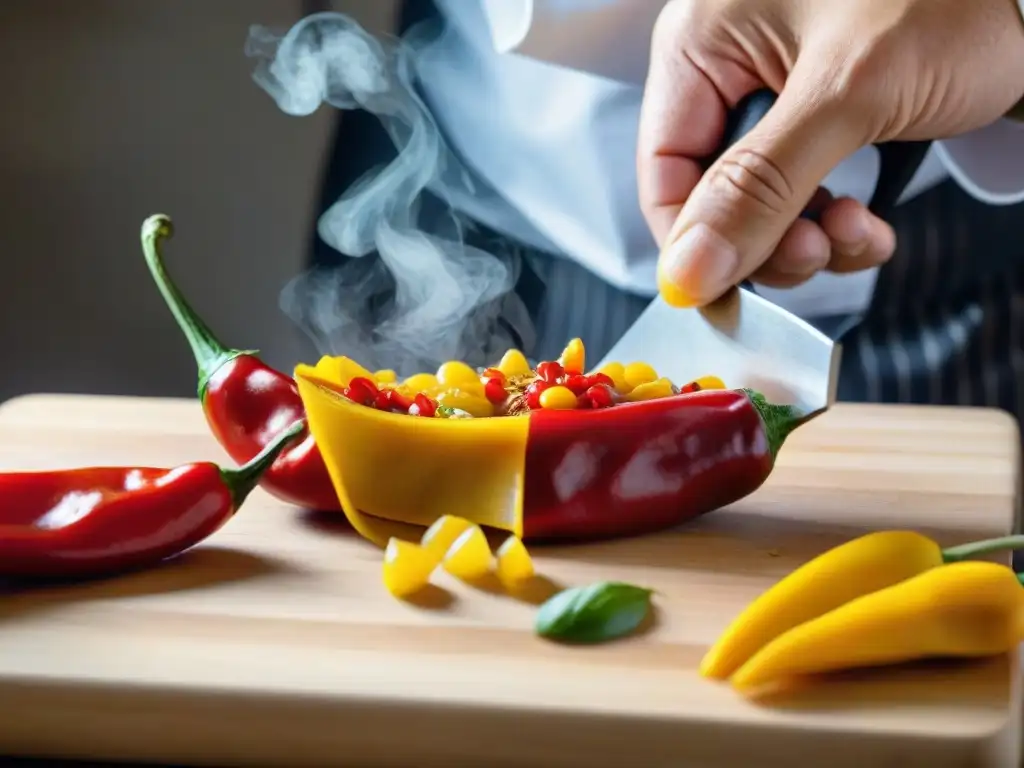 Un chef corta con destreza ajíes rojos y amarillos en una tabla de madera, resaltando la importancia del ají en fusiones culinarias