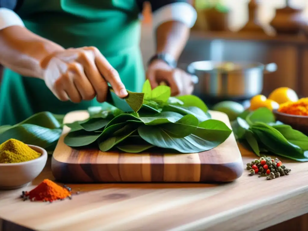 Un chef corta hojas de huacatay en una cocina peruana tradicional con especias andinas coloridas