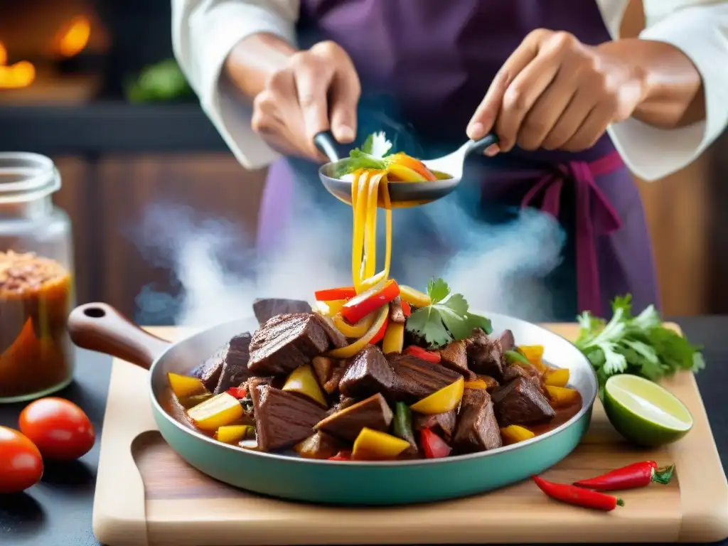 Un chef hábil corta ingredientes frescos para lomo saltado en una cocina peruana tradicional